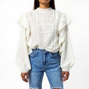 Zara Lace Cotton Blouse Women's Romantic Peasant Top Balloon Sleeves